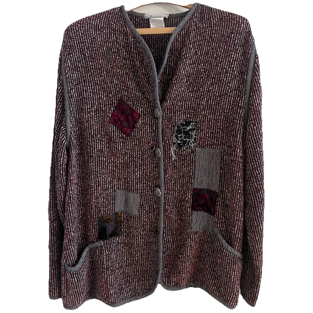 VTG Nino Wong California Cardigan L Funky Patchwork Velour Stripe Distressed USA